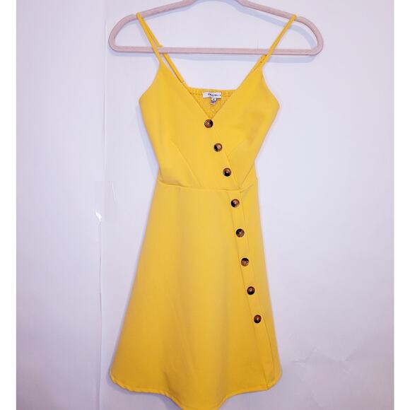 Purple Snow yellow wrap button detail sleeveless vneck smocked back dress Sz Sm - Picture 1 of 8